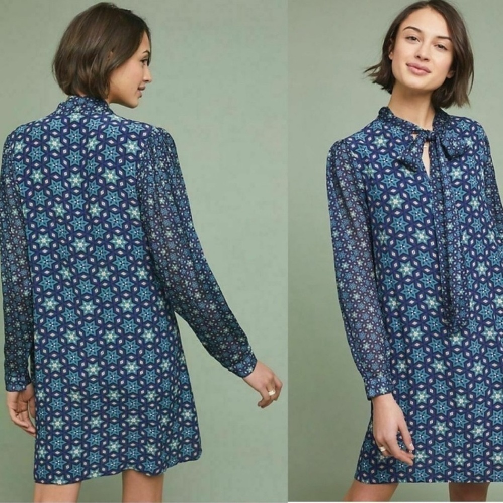 ANTHROPOLOGIE BLANK LONDON Marion Geometric Blue Tie Neck Tunic Dress Size XL